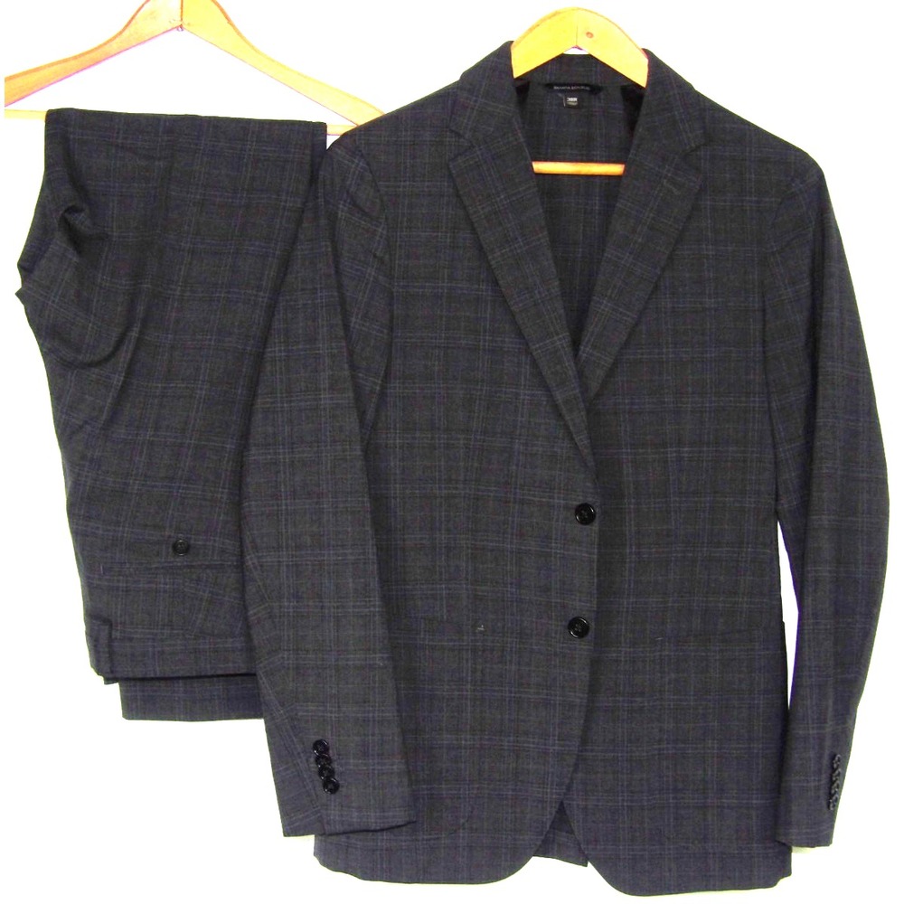 Banana Republic Wool Blend 2 Piece Gray Plaid Suit Men's 38R Slim + 32 X 32 Pant